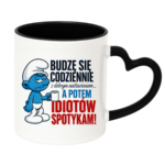 Kubek "Budzę się codziennie rano, a potem idiotów spotykam"