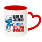 Kubek "Budzę się codziennie rano, a potem idiotów spotykam"