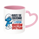 Kubek "Budzę się codziennie rano, a potem idiotów spotykam"