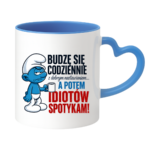 Kubek "Budzę się codziennie rano, a potem idiotów spotykam"