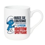 Kubek "Budzę się codziennie rano, a potem idiotów spotykam"