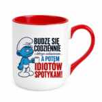 Kubek "Budzę się codziennie rano, a potem idiotów spotykam"