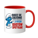 Kubek "Budzę się codziennie rano, a potem idiotów spotykam"