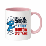 Kubek "Budzę się codziennie rano, a potem idiotów spotykam"