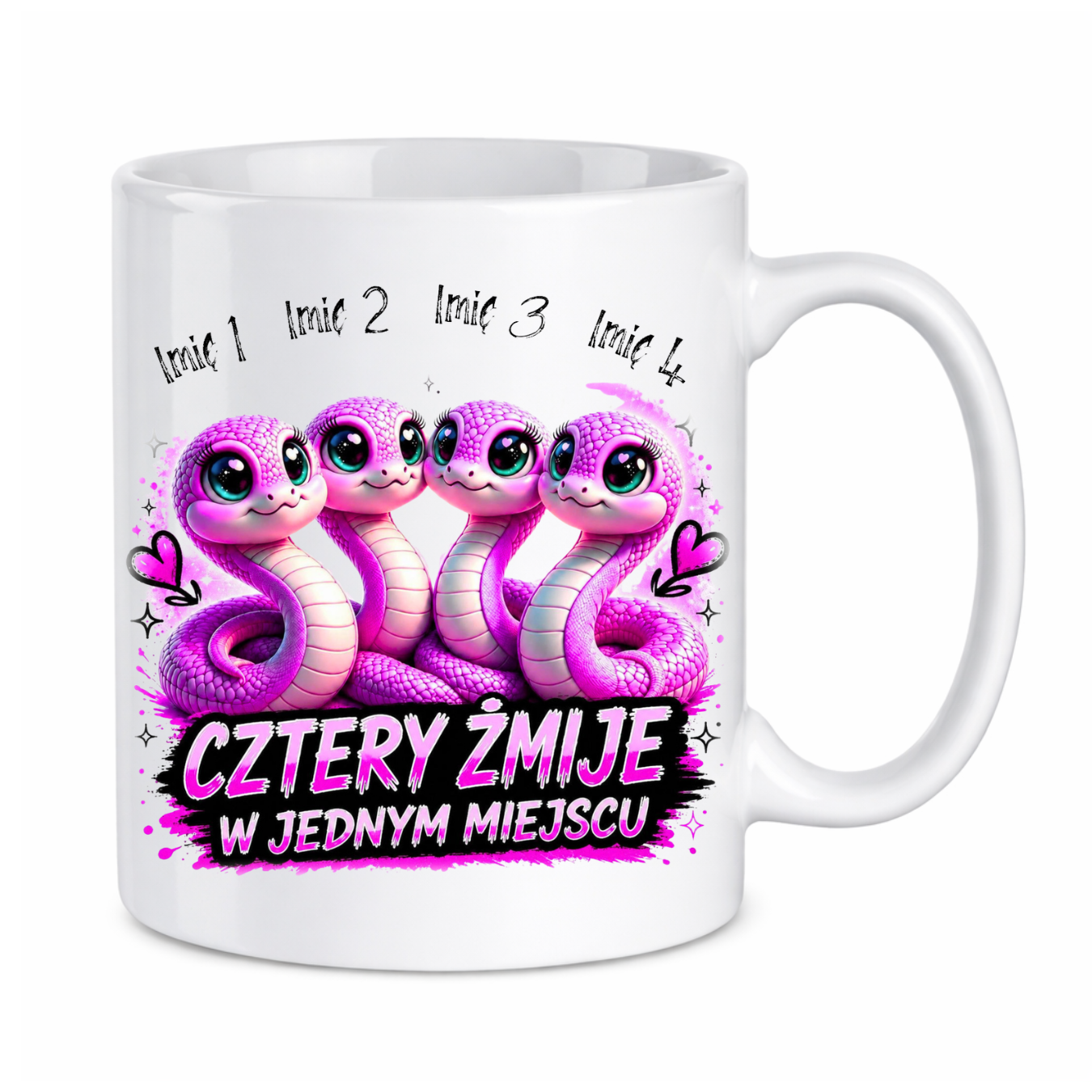 Kubek z dowolnymi imionami "Cztery żmije w jednym miejscu"